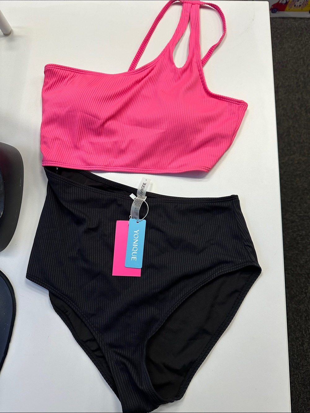 Younique Hot Pink Ribbed One-Shoulder Bikini Top with Black High-Waist Bottoms
